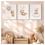 3 Pcs Framed Teddy Bear Nursery Canvas Wall Art Bear Sleeping on The Moon and Stars Wall Decor Pictures Balloon Cloud Neutral Poster Prints for Kids Baby Room Kindergarten Home Decoration 12x16in - Re