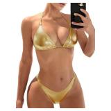 Women Metallic Bikini Swim Sexy Gold Swimsuit Triangle Top and Bottom Set(051,Gold,L) - Retail: $25