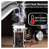 French Press Coffee Maker 304 Stainless Steel Coffee Press, with 4 Filters System, Heat Resistant Thickness Borosilicate French Press Glass, BPA-Free Brewed Tea Pot Coffee Plunger - Retail: $20