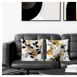 Black and Gold Botanical Pillow Covers 18x18 Set of 2, Abstract Modern Decorative Throw Pillow Covers for Living Room Bedroom, Modern Home Decor, Black and Gold Bedroom Living Room Decor - Retail: $15