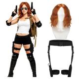 2 Pcs Black Women Halloween Costume Orange Red Wig and Leg Holster Belt Costume for Halloween Women Movie Cosplay Accessories - Retail: $37