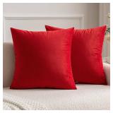 Pack of 2 Christmas Bright Red Velvet Throw Pillow Covers 22x22 Inch Soft Solid Decorative Square Cushion Cases for Couch Sofa Bedroom - Retail: $25