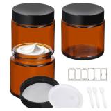 3 Pack 4 oz Amber Glass Jars with Lids, Cosmetic Jars with Black Lids, Glass Lotion Containers, Candle Making Containers for Lotions, Scrubs and Cosmetic, Labels and Spatulas Include