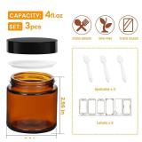 3 Pack 4 oz Amber Glass Jars with Lids, Cosmetic Jars with Black Lids, Glass Lotion Containers, Candle Making Containers for Lotions, Scrubs and Cosmetic, Labels and Spatulas Include