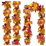 3 Pack Fall Leaf Garland with Lights, Total 17.7 Ft String Lights Fall Vines Autumn Garland Artificial Maple Fall Leaves Thanksgiving Decor for Home Wedding Fireplace Party - Retail: $22