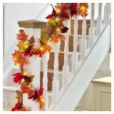 3 Pack Fall Leaf Garland with Lights, Total 17.7 Ft String Lights Fall Vines Autumn Garland Artificial Maple Fall Leaves Thanksgiving Decor for Home Wedding Fireplace Party - Retail: $22