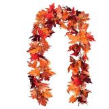 2 Pack Fall Garland Maple Leaf, 5.9Ft/Piece Hanging Vine Garland Artificial Autumn Foliage Garland Thanksgiving Decor for Home Wedding Fireplace Party Christmas (Red) - Retail: $18