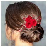 Rose Flower Comb 6.1inch Red Hair Clip Bridal Girl Women Accessories Bride Headpiece Gift for Wedding Party Prom Christmas Valentine