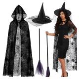 3 Pcs Witch Costume for Women, Hooded Spider Web Cape Witch Hat One Side Veils Witches Broom for Halloween Party Black, Purple - Retail: $36