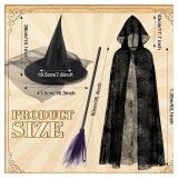 3 Pcs Witch Costume for Women, Hooded Spider Web Cape Witch Hat One Side Veils Witches Broom for Halloween Party Black, Purple - Retail: $36