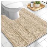 Thick Toilet Rugs U-Shaped 24x20, Extra Soft Absorbent Chenille Striped Contour Bathroom Rugs for Toilet, Dry Quickly, Machine Washable, Non-Slip Bath Mat, Beige - Retail: $19