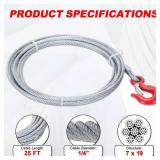 APPEARS NEW - Steel Winch/hoist Cable, 1/4 Inch x 38 Feet Winch Rope with Safety Hook, Heavy-Duty