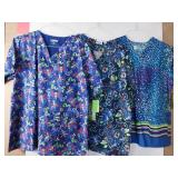 APPEARS NEW - Landau & Bio Medical Scrub Tops Bundle - Floral and Polka Dot Prints (Size Large) Lot of 3