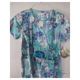 APPEARS NEW - Landau, Peaches & Bio Floral and Butterfly Print Medical Scrub Tops (Size Small) Lot of 3