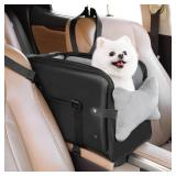 PetsHome Console Dog Car Seat for Small Dogs, Premium PU Leather Dog Booster Seat Portable Pet Car Seat with Double Fixation Seat Belts, Storage Pockets, Soft Pillow, Safety Leash-Black - Retail: $29