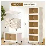 YUEXINKJ 102QT Plastic 5 Tier Storage Bins with Lids,Folding Storage Box with Doors and Wheels Stackable Storage Bins,Closet Organizers and Storage for Living Room,Office,Dorm - Retail: $127