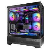 Okinos Aqua 7, Pre-Installed 6 Ã 120mm PWM ARGB Fan, ATX Mid Tower PC Case, Computer case with Panoramic View Tempered Glass Front & Side Panel, Type C Port, Gaming PC Case, Black - Retail: $80