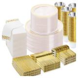 BESTVIP Clear Gold Disposable Dinnerware Set for 100 Guests, Plastic Plates for Party, Wedding, Christmas, Include: Plastic Plates, 100 Gold Silverware, Count Not Verified  - Retail: $80