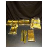 BESTVIP Clear Gold Disposable Dinnerware Set for 100 Guests, Plastic Plates for Party, Wedding, Christmas, Include: Plastic Plates, 100 Gold Silverware, Count Not Verified  - Retail: $80