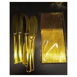 BESTVIP Clear Gold Disposable Dinnerware Set for 100 Guests, Plastic Plates for Party, Wedding, Christmas, Include: Plastic Plates, 100 Gold Silverware, Count Not Verified  - Retail: $80