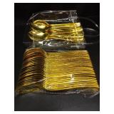 BESTVIP Clear Gold Disposable Dinnerware Set for 100 Guests, Plastic Plates for Party, Wedding, Christmas, Include: Plastic Plates, 100 Gold Silverware, Count Not Verified  - Retail: $80