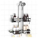 REINHARDT Shower Caddy Hanging for Handheld Showerheads Adjustable Split Shower Caddy, Rustproof Shower Organizer with Hooks for Razors Over the Head Caddy with Soap Holder Bathroom Accessories, Black
