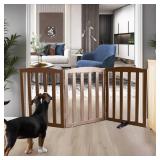 ZJSF Foldable Freestanding Indoor Dog Gate for House Wood Long Pet Gates Dog Fence for Stairs Puppy Gates for Hallways, Puppy Gate,Support Feet Included, Brown, 24 \'Height-3 Panels - Retail: $60