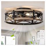 SHLUCE 19\' Farmhouse Caged Flush Mount Ceiling Fan with Light, Rustic Fandelier Bladeless Ceiling Fans with Lights and Remote, Small Low Profile Ceiling Fan with Light for Kitchen, Bedroom - ETL - Re