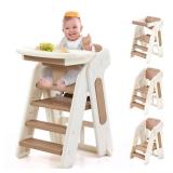 4-in-1 Convertible Toddler Step Stool, Adjustable Height Toddler Tower, Foldable Standing Tower with Safety Fence & Removable Dining Tray, Kids Step Stool for Kitchen Counter Bathroom Sink (Khaki) - R