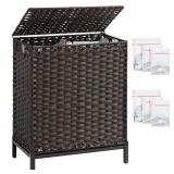 SETVSON Laundry Hamper with Lid, 112 L Handwoven Rattan Wicker Laundry Basket, 2 Removable Liner Bags Metal Heightened Feet, 6 Mesh Bags, 2 Section Large Clothes Hamper for Bathroom Bedroom, Brown - R