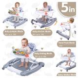 Foldable Baby 5-in-1 Activity Walker - Rocker, Activity Center, Bouncer, Seat, Push Walker - Adjustable Speed Rear Wheels and Height Toys Ages 6-18 Months (Grey) - Retail: $100