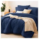 CozyLux Queen Comforter Set Navy Blue Seersucker 7 Pieces Bed in a Bag Queen Comforter Set with Sheets Luxury Soft Bedding Set with Down Alternative Comforter, Sheets, Pillowcases & Shams All Seasons 