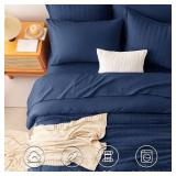 CozyLux Queen Comforter Set Navy Blue Seersucker 7 Pieces Bed in a Bag Queen Comforter Set with Sheets Luxury Soft Bedding Set with Down Alternative Comforter, Sheets, Pillowcases & Shams All Seasons 