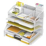YINGHUA 5 Tier Paper Tray Letter Organizer with Top 6 Adjustable Compartments - Paper Sorter Office Desktop Accessories with Handles for Document,Mail,School Supplies Storage,White - Retail: $27