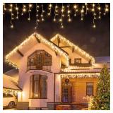 USOKYO Icicle Christmas Lights Outdoor, 480 LED 39FT Icicle String Lights with 96 Drops 8 Modes and Timer, Twinkle Icicle Fairy Lights for House Patio Bedroom Wedding (Warm White) - Retail: $24