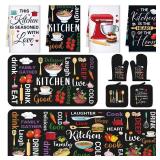 Fourluoo 10 Pcs Farmhouse Kitchen Decor and Accessories Set 4 Kitchen Towels 2 Pot Holders 2 Oven Mitts 2 Rugs for Cooking Baking Mom Housewarming Gifts(Bright Color,Novel Style) - Retail: $29