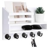 Lucundm Key and Mail Holder Wall Mount, Key Hanger with Long Storage Box and 5 Hooks for Coat, Dog Leash, Home Decor Rack, House Accessories, Entry Way Organizer 11.8W x 7.8H x 3.2D - Retail: $25