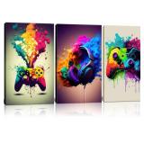 Framed 3 Piece Game Room Decorative Wall Art Color Video Game Handle Earphone Graffiti Theme Poster Neon Light Poster Print Picture Children Youth Art Game Machine Boys Bedroom Home 12 x16 inch Ready
