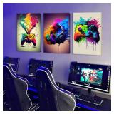 Framed 3 Piece Game Room Decorative Wall Art Color Video Game Handle Earphone Graffiti Theme Poster Neon Light Poster Print Picture Children Youth Art Game Machine Boys Bedroom Home 12 x16 inch Ready