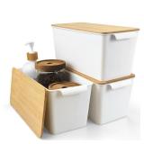 POPU BERRY Storage Bins with Bamboo Lids, 3 Pack Stackable Plastic Basket Large Lidded Organizing Boxes - Decorative Containers for Shelves Pantry Bathroom Classroom Office