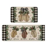 Tailus Warm Winter Wishes Mitten Kitchen Rugs Set of 2, Buffalo Plaid Check Bow Red Berry Farmhouse Kitchen Mats Decor, Christmas Holiday Floor Door Mat Home Decorations -17x29 and 17x47 Inch - Retail