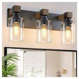 Farmhouse Bathroom Vanity Light Fixtures, Rustic 3-Light Wood Vanity Lights for Bathroom, Vintage Black Wall Sconces Lighting, Light fixtures Over Mirror, with Glass Shade - Retail: $50