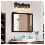Farmhouse Bathroom Vanity Light Fixtures, Rustic 3-Light Wood Vanity Lights for Bathroom, Vintage Black Wall Sconces Lighting, Light fixtures Over Mirror, with Glass Shade - Retail: $50