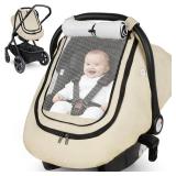 Rquite Car Seat Cover Baby, Winter Carseat Covers Boy Girl, Waterproof Infant Car Seat Cover Warm Car Seat Canopy for Cold Weather, Windproof Baby Carrier/Stroller Cover with 2 Layers Windows, Beige -