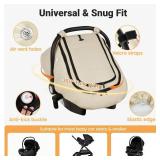 Rquite Car Seat Cover Baby, Winter Carseat Covers Boy Girl, Waterproof Infant Car Seat Cover Warm Car Seat Canopy for Cold Weather, Windproof Baby Carrier/Stroller Cover with 2 Layers Windows, Beige -