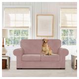 WEERRW Velvet Couch Covers for 2 Cushion Couch Sofa - High Stretch Luxury Velvet Plush 3 Pieces Sofa Slipcovers with Elastic Bottom, Furniture Protector for Pets, Machine Washable, Pink, Medium - Reta