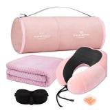 urnexttour Travel Pillow and Blanket Set Neck Pillows Soft Blankets with Sleep Mask Travel Essentials for Airplane Car Memory Foam Pink - Retail: $31