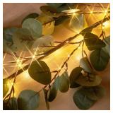 Hairui Lighted Artificial Eucalyptus Garland 6FT 96 LED Battery Operated Faux Vine Lights with Timer for Spring Wedding Backdrop Wall Decoration - Retail: $30