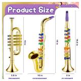 Lewtemi Set of 3 Saxophone for Kids Musical Instruments Toy Saxophone Toy Trumpet and Clarinet with 8 Colored Coded Keys Teaching Songs Gifts for Toddlers Children(Gold) - Retail: $43