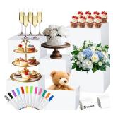 6 Pcs Buffet Risers with Markers and Signs, White Risers for Display for Food, Jewelry Display, and Daily Organization, Acrylic Food Risers, Cube Boxes Nesting Riser (Sizes: 3",4",5",6",7",8")